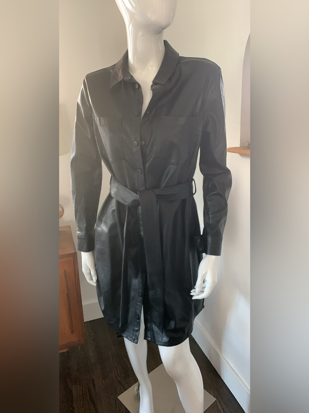 Dynamite Black Faux Leather Belted Trench Shirt Dress